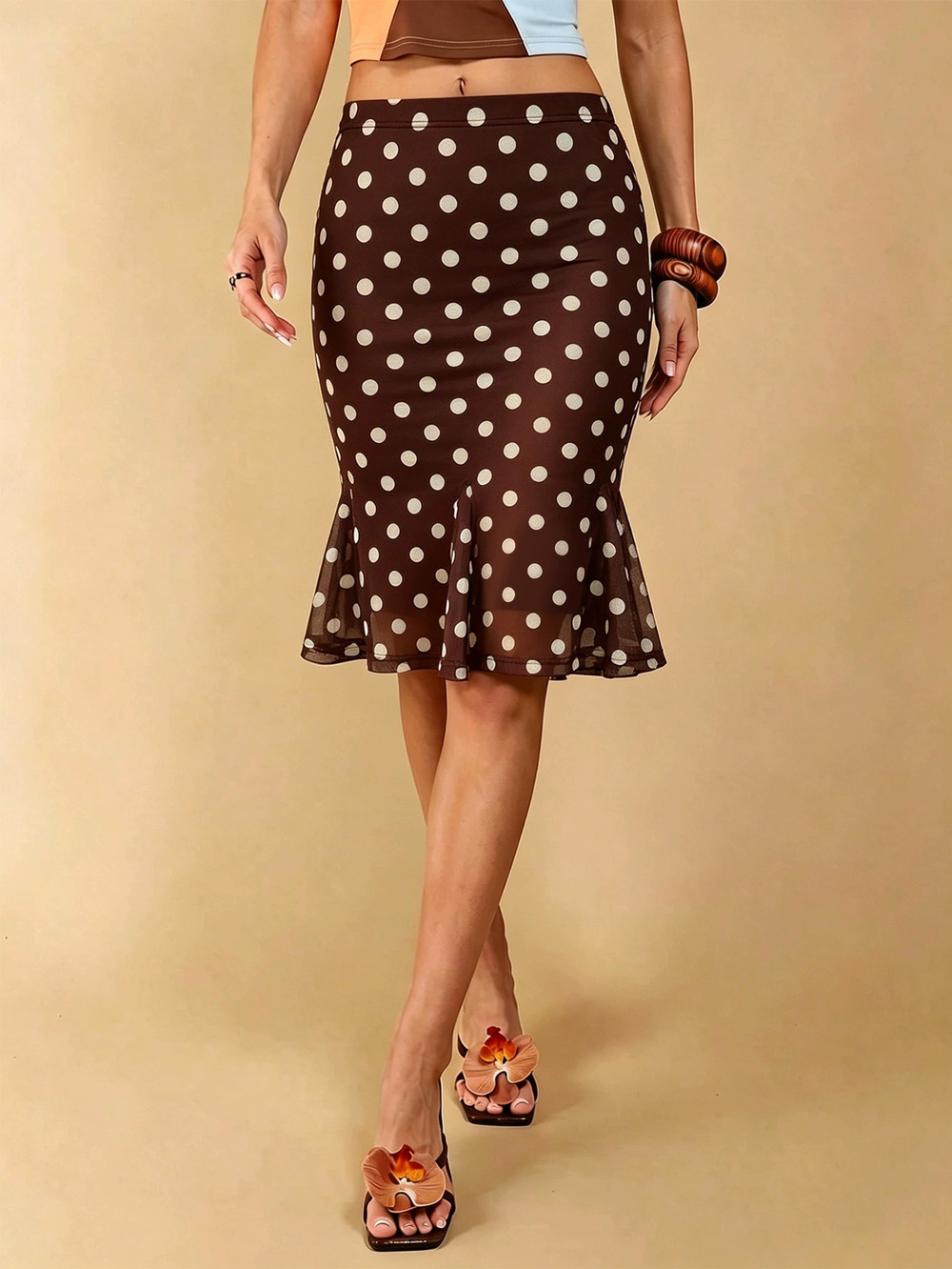 ZARA Summer Polka Dot Mesh Mermaid Skirt Vintage Ruffle Waist Slimming